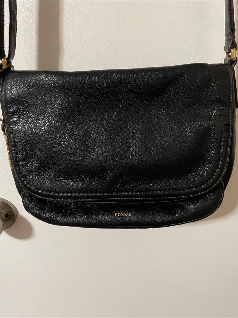 Fossil Black Pebbled Leather Peyton Double Flap Crossbody